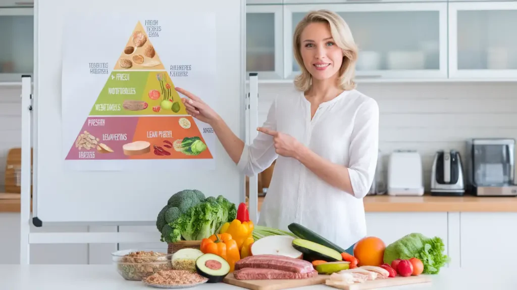 A colorful array of foods representing the tegu diet, including fruits, vegetables, grains, and proteins.