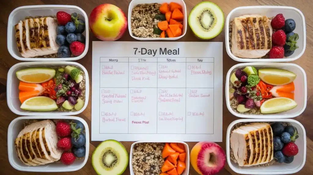 A 7-day meal plan layout for the tegu diet, displayed with meals on a table.