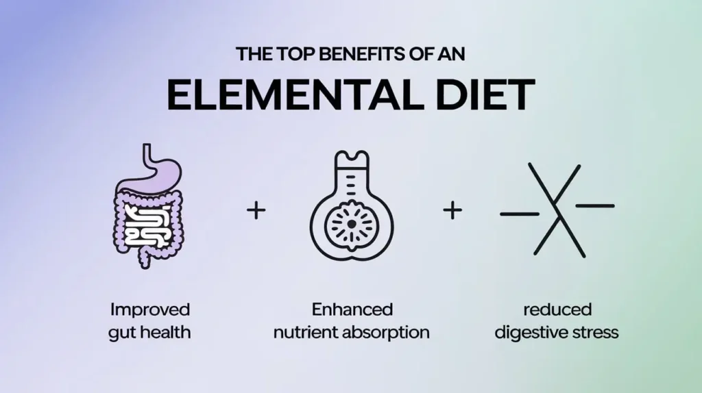 Visual guide to the benefits of what is an elemental diet.
